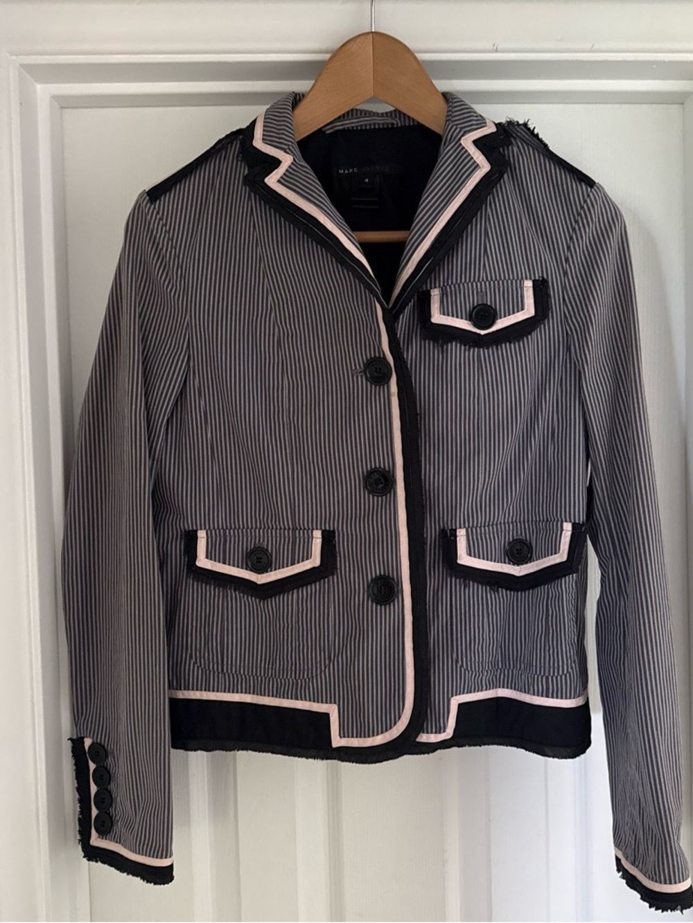 Marc Jacobs Black & White Pinstripe Blazer with Pink Trim